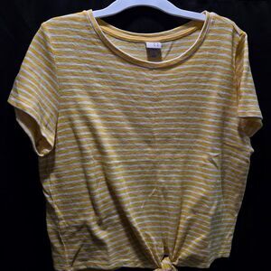 A New Day Yellow White Striped Tie Front Crew Neck Short Sleeve Crop Tee Sz L